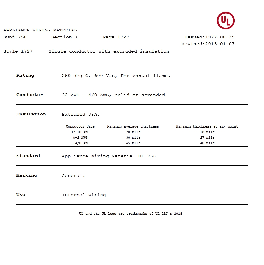 美国UL 1727 铁氟龙电线认证汇报 